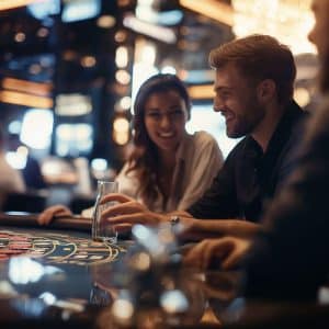 A group of Hungarian players enjoy themselves at a casino. Seated at a gaming table with drinks in hand, they savor the lively atmosphere, reminiscent of iOS casino games, surrounded by bright lights and buzzing activity.