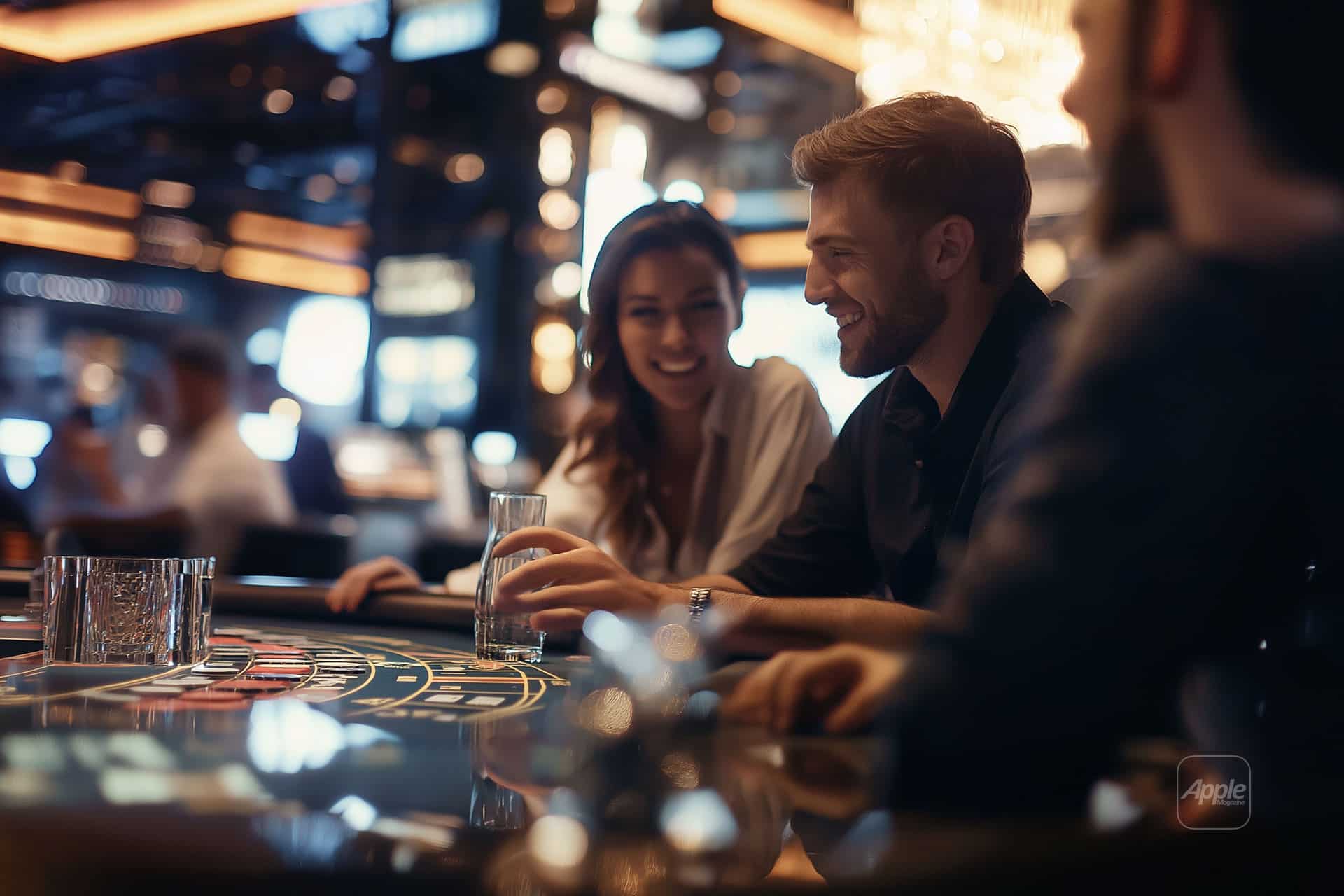 A group of Hungarian players enjoy themselves at a casino. Seated at a gaming table with drinks in hand, they savor the lively atmosphere, reminiscent of iOS casino games, surrounded by bright lights and buzzing activity.