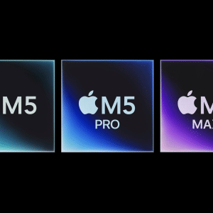 The image showcases three Apple chip designs: "M5," "M5 Pro," and "M5 Max," all set against eye-catching gradient backgrounds. Each design prominently features the Apple logo, with a smaller logo nestled in the bottom right corner on a vibrant background. Highlights include the advanced M5 Pro chip.
