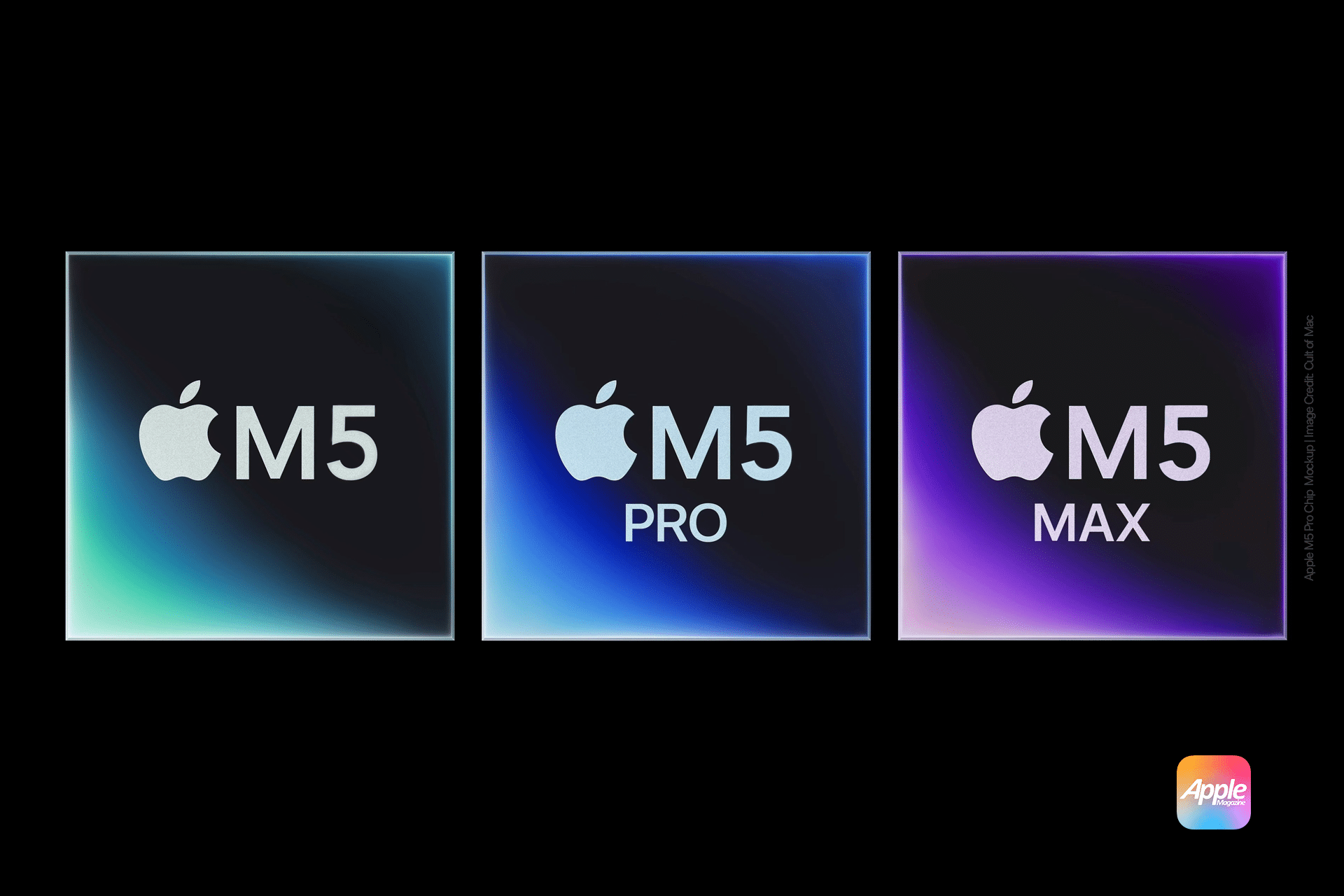 The image showcases three Apple chip designs: "M5," "M5 Pro," and "M5 Max," all set against eye-catching gradient backgrounds. Each design prominently features the Apple logo, with a smaller logo nestled in the bottom right corner on a vibrant background. Highlights include the advanced M5 Pro chip.