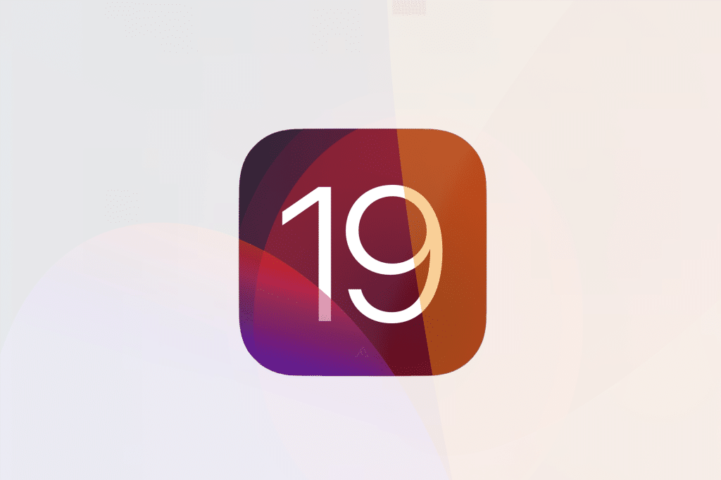 A stylized app icon for iOS 19 showcases the number "19" in bold white font against a gradient backdrop of red, orange, purple, and black hues. Abstract, overlapping light color shapes enhance the modern aesthetic.