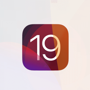 A stylized app icon for iOS 19 showcases the number "19" in bold white font against a gradient backdrop of red, orange, purple, and black hues. Abstract, overlapping light color shapes enhance the modern aesthetic.