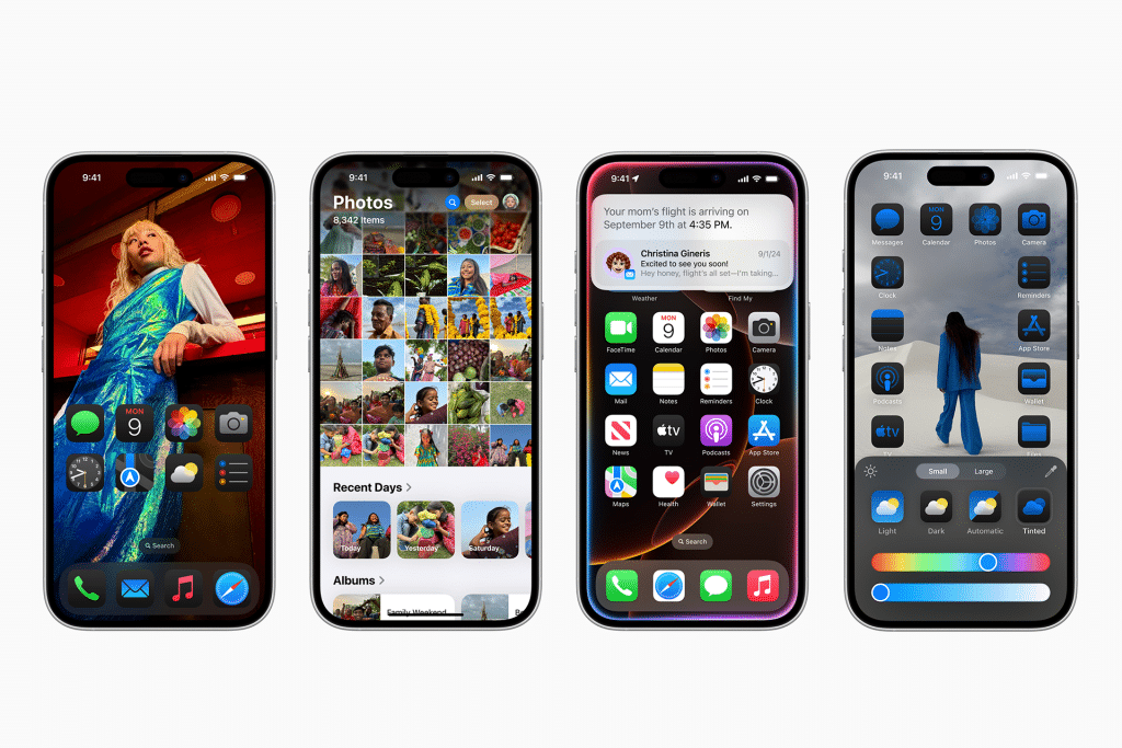 Four smartphones showcasing iOS 18.2.1: a person in a colorful dress; a photo gallery brimming with images; a flight notification on a home screen filled with apps; and an intuitive settings screen with enhanced control features.