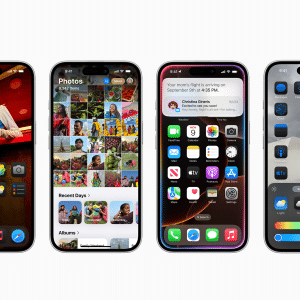 Four smartphones showcasing iOS 18.2.1: a person in a colorful dress; a photo gallery brimming with images; a flight notification on a home screen filled with apps; and an intuitive settings screen with enhanced control features.