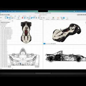 A MacBook Air showcasing a 3D CAD model of a race car in Autodesk Fusion 360. The screen displays various views—top-down, side, front, and angled perspective—highlighting intricate wireframe designs on a grid background.