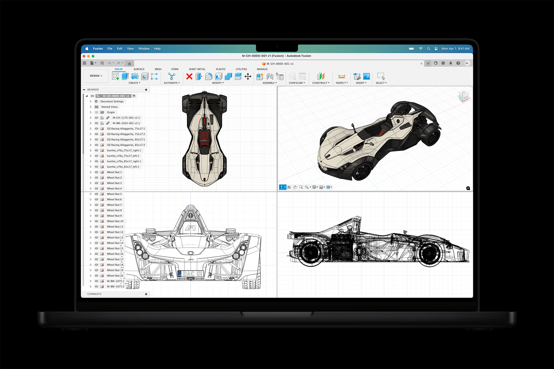 A MacBook Air showcasing a 3D CAD model of a race car in Autodesk Fusion 360. The screen displays various views—top-down, side, front, and angled perspective—highlighting intricate wireframe designs on a grid background.