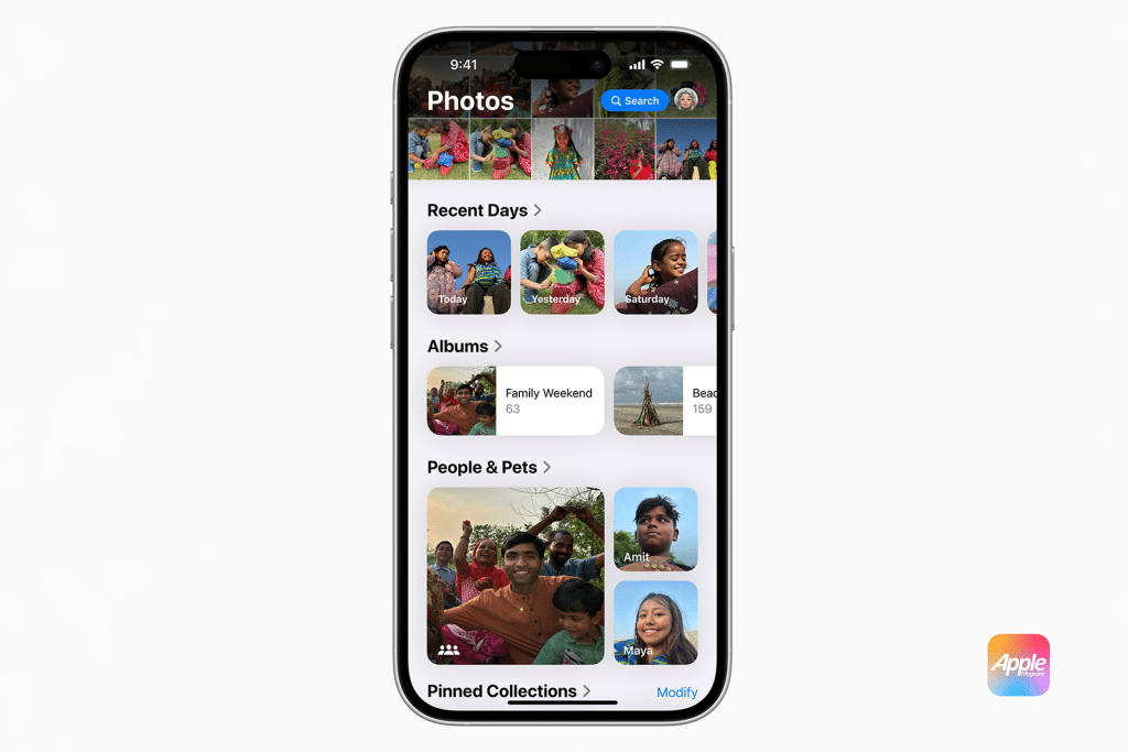 A smartphone screen showcases a photo gallery app on iOS 18, featuring sections like "Recent Days," "Albums," and "People & Pets." The display is filled with thumbnail images of people and pets in various activities, while an Apple logo graces the bottom right corner.