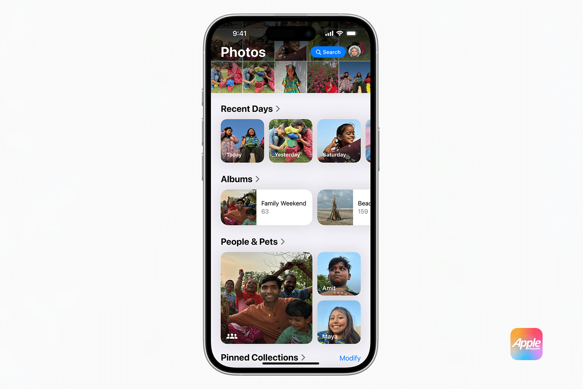 A smartphone screen showcases a photo gallery app on iOS 18, featuring sections like "Recent Days," "Albums," and "People & Pets." The display is filled with thumbnail images of people and pets in various activities, while an Apple logo graces the bottom right corner.