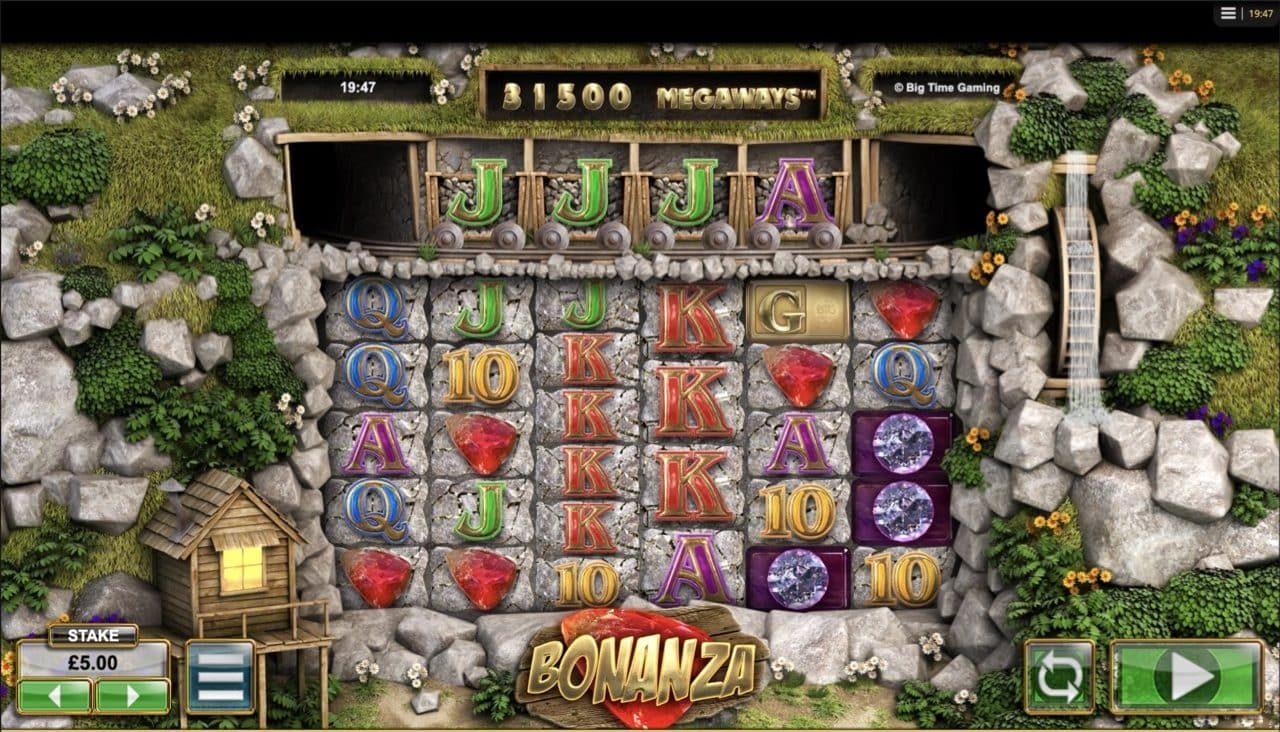 A screenshot of the Bonanza Megaways slot game on iOS. The interface features a vibrant grid of gemstones and playing card symbols, with a wooden shed on the left. It highlights the win amount and balance, capturing the excitement of each spin in this Megaways Slots experience.