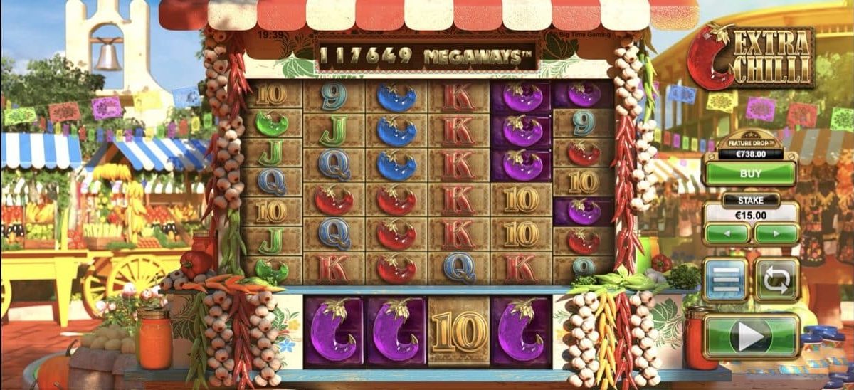 Extra Chilli" is a vibrant online slot game with a festive market theme. Spin on the Go on your iOS device as reels with colorful chilies and letters spin before you. This Megaways Slots game currently shows a balance of €889.00 and a win of €29.25.