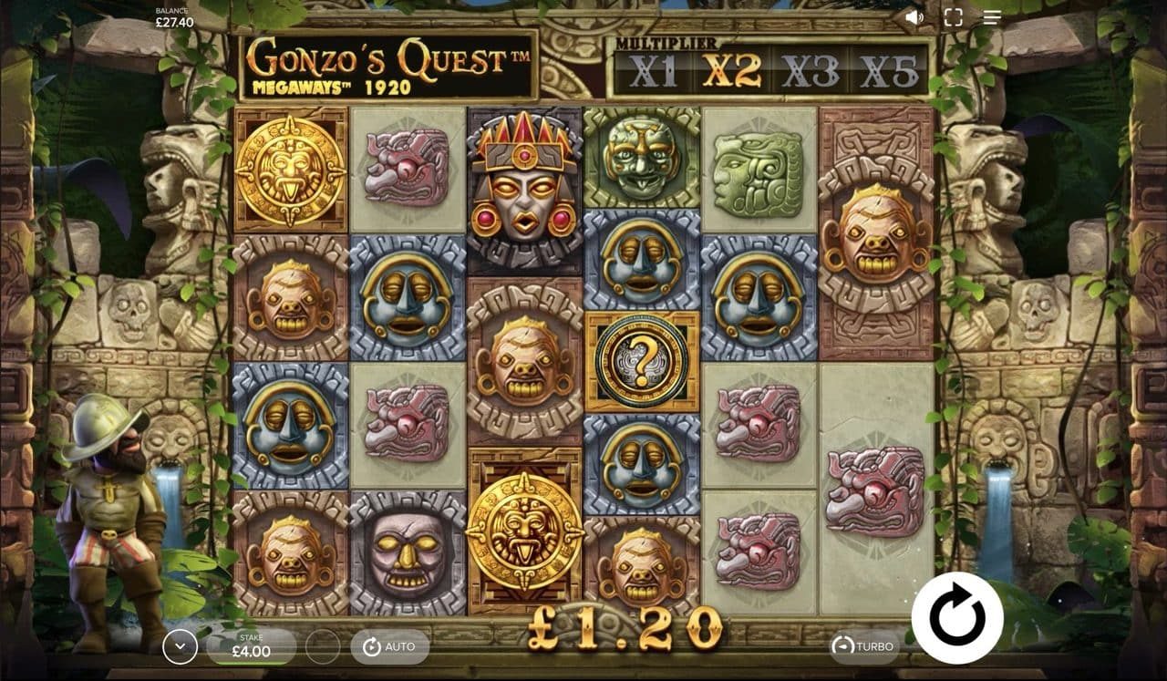 Screenshot of Gonzo's Quest Megaways slot game on iOS. The grid features colorful stone masks and symbols, with multipliers displayed above. A small character in a helmet stands on the left as you prepare to spin. The current balance and bet information are at the bottom.