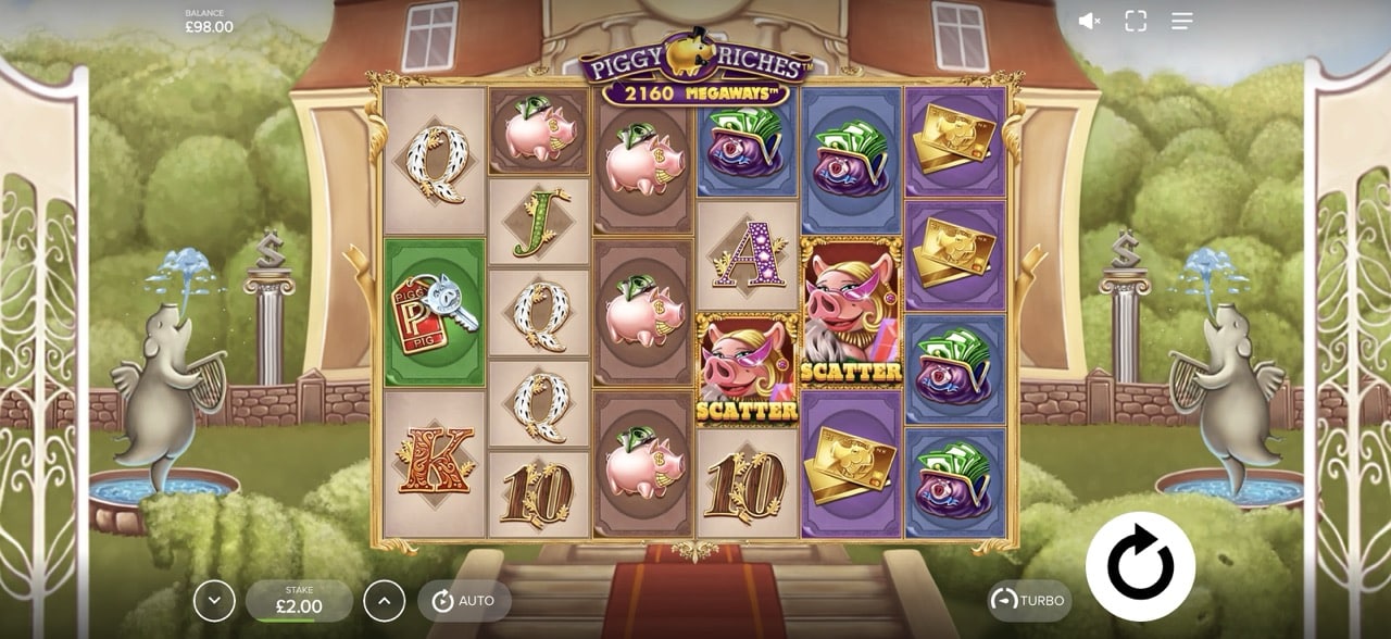 Piggy Riches" is an enticing digital casino slot game, now available on iOS, boasting 2160 Megaways. The reels spin with symbols like piggy banks, coins, bags of money, and playing card icons, framed against a backdrop featuring two mouse sculptures holding elegant fountain showpieces.