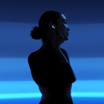 A silhouette of a person with a bun wearing earbuds, possibly AirPods with tiny cameras, touches one ear. The background features a gradient of blue horizontal stripes, while the Apple logo graces the lower-right corner.