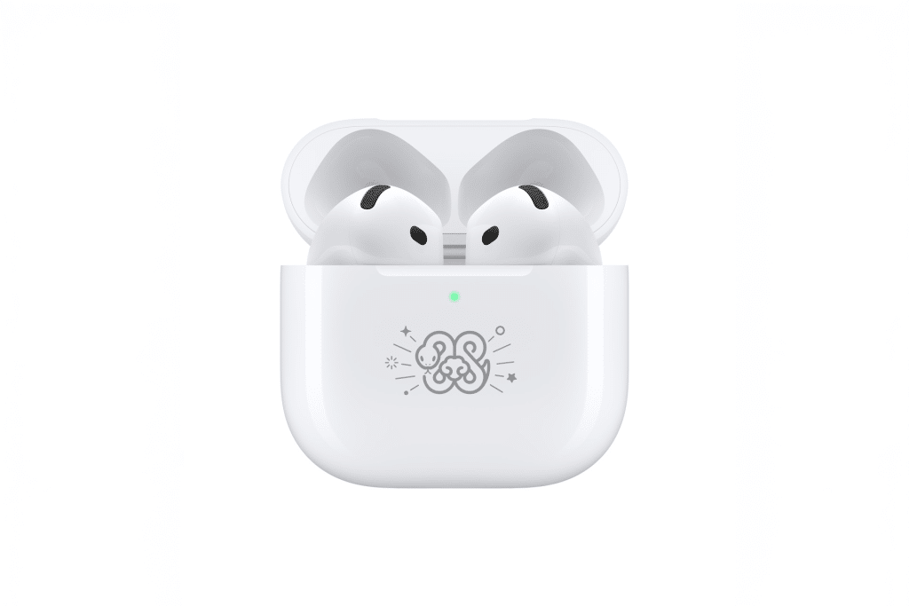 A pair of white wireless earbuds, reminiscent of AirPods 4, rests in an open charging case adorned with a Year of the Snake design. The case features an indicator light below the intricate pattern. | AirPods case beeping feature in action to help locate a misplaced case