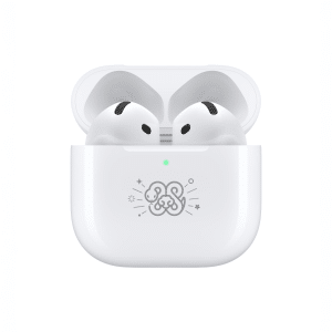 A pair of white wireless earbuds, reminiscent of AirPods 4, rests in an open charging case adorned with a Year of the Snake design. The case features an indicator light below the intricate pattern. | AirPods case beeping feature in action to help locate a misplaced case