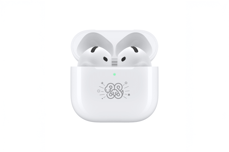 A pair of white wireless earbuds, reminiscent of AirPods 4, rests in an open charging case adorned with a Year of the Snake design. The case features an indicator light below the intricate pattern. | AirPods case beeping feature in action to help locate a misplaced case