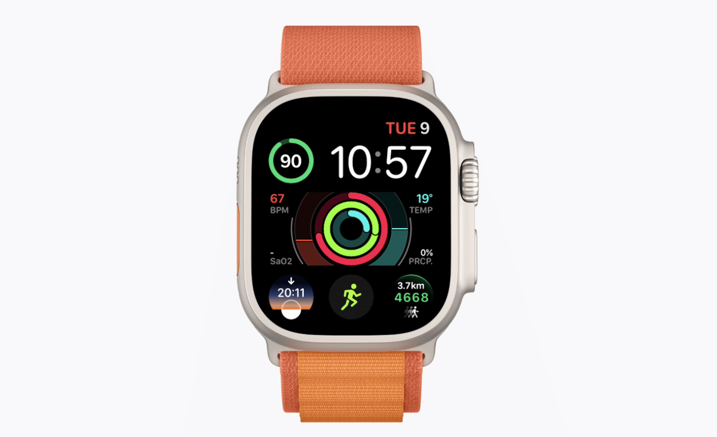 A smartwatch with an orange band showcasing Apple Watch Faces, displaying various health metrics. The screen shows heart rate, activity rings, blood oxygen level, weather temperature, date, time, and step count—your ultimate 2025 fitness companion.