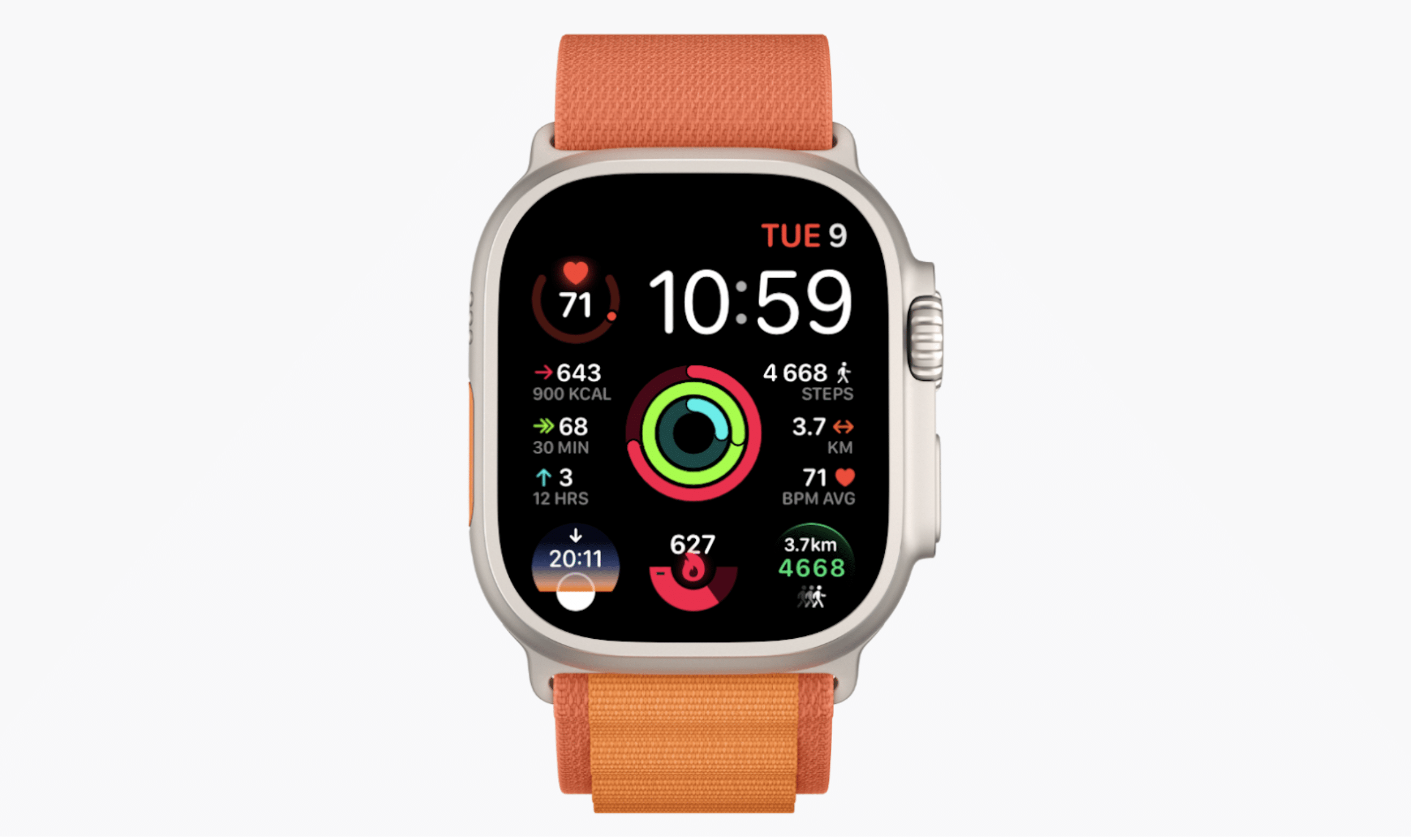 The futuristic smartwatch with an orange band showcases its vibrant Apple Watch Faces, revealing essential fitness metrics: heart rate (71 bpm), steps (4,668), calories burned (900 kcal), and distance covered (3.7 km). It's 10:59 on Tuesday the 9th in 2025.