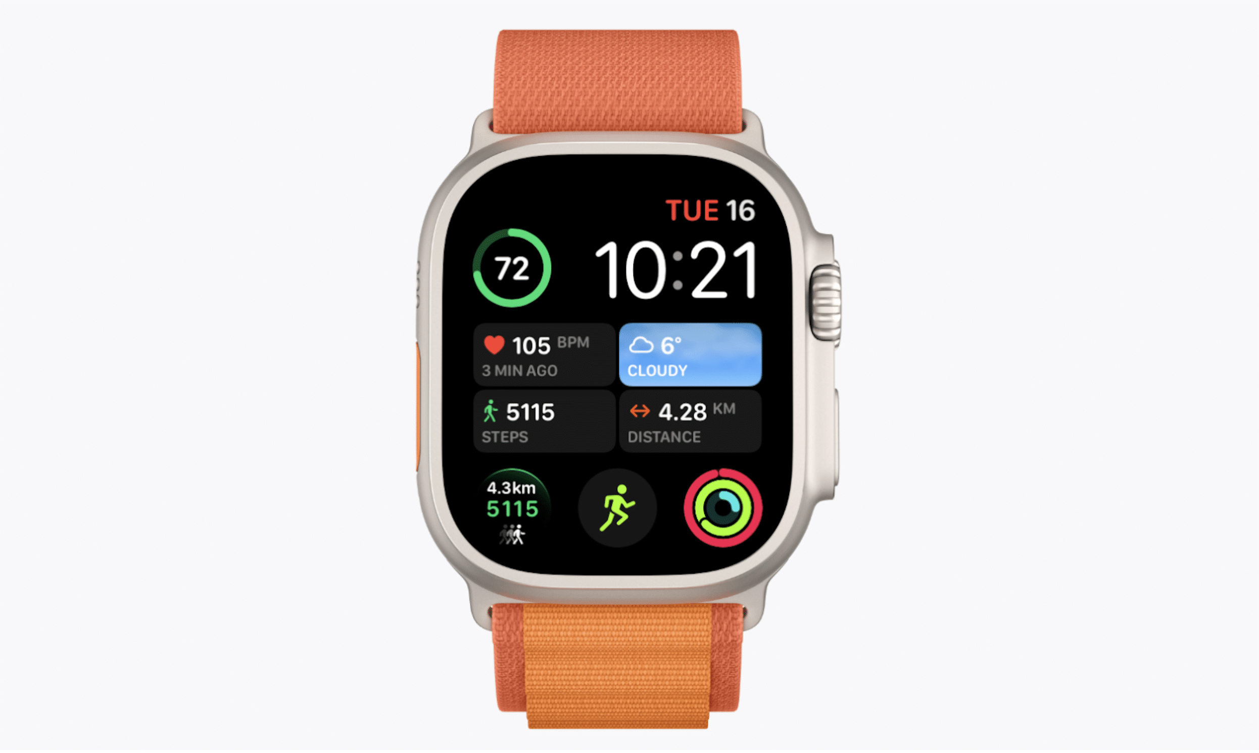 This sleek smartwatch with an orange band showcases an intuitive Apple Watch Face, displaying the time, date, and a heart rate of 105 BPM. Stay updated with cloudy weather info and fitness metrics: 5115 steps, 4.28 km distance, and activity rings for your 2025 goals.