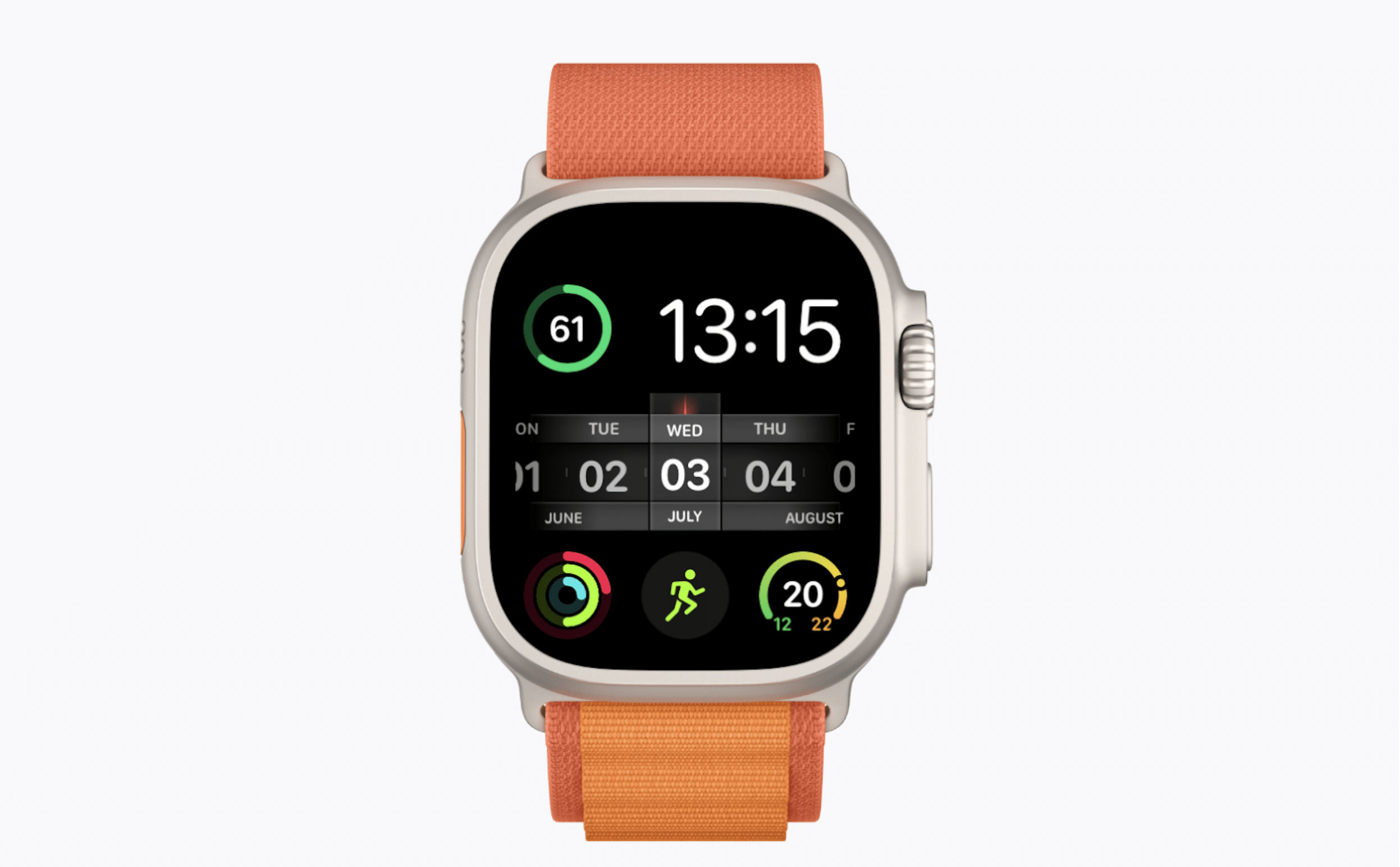 A smartwatch with an orange strap displays the time as 13:15. The screen showcases Apple Watch Faces, an activity tracker, Wednesday, July 4th's date, and icons for fitness goals. The watch features a metallic case and a digital crown on the right side. Ready for your 2025 fitness journey!.