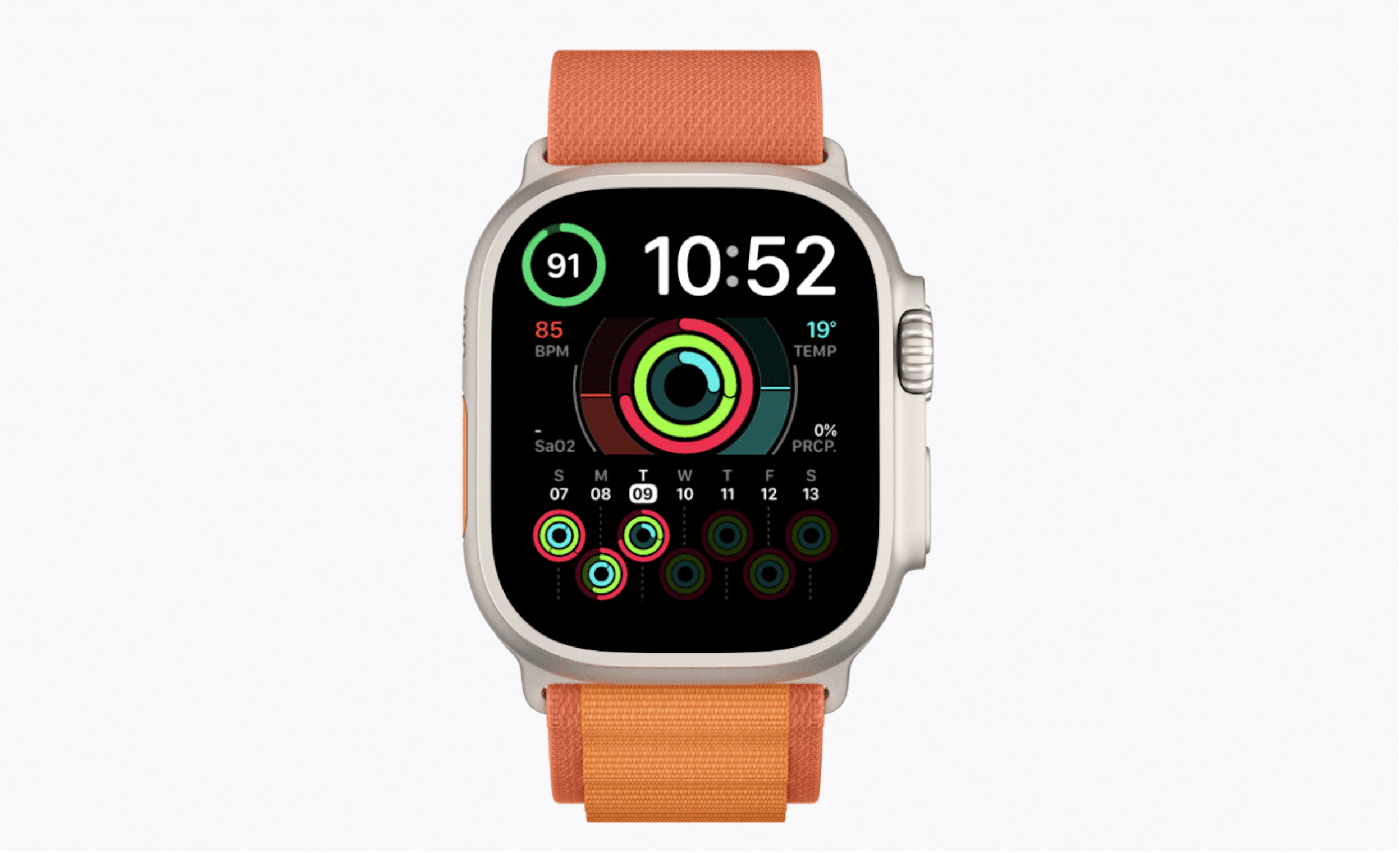 Smartwatch with an orange band displaying the time as 10:52 on one of the sleek Apple Watch Faces. The screen highlights essential fitness metrics: heart rate at 85 BPM, temperature at 19°C, SpO2 level, and circular activity progress indicators for the week in futuristic 2025 style.