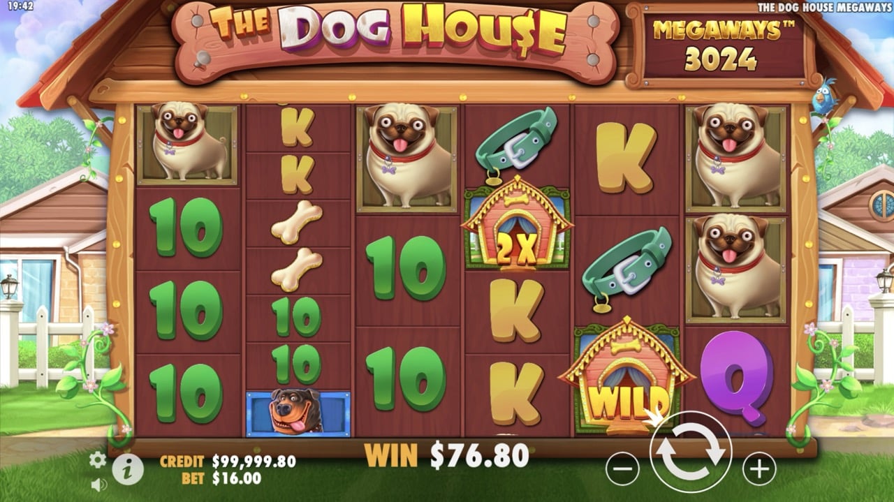 A vibrant iOS game screen for "The Dog House Megaways" showcases dog-themed symbols like pugs, bones, and dog houses. The current win is $76.80, with credit and bet amounts at the bottom. Give it a spin to explore the exciting world of Megaways slots!.