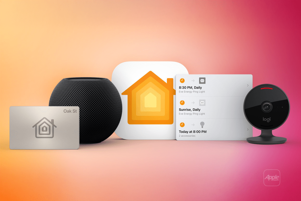 A smart home setup featuring a gray Wi-Fi-enabled card with a house icon, a black smart speaker, a white app icon with a yellow house, a smart home schedule interface, and a black round security camera on a gradient pink and orange background.