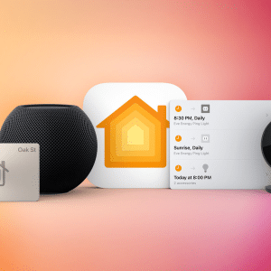 A smart home setup featuring a gray Wi-Fi-enabled card with a house icon, a black smart speaker, a white app icon with a yellow house, a smart home schedule interface, and a black round security camera on a gradient pink and orange background.