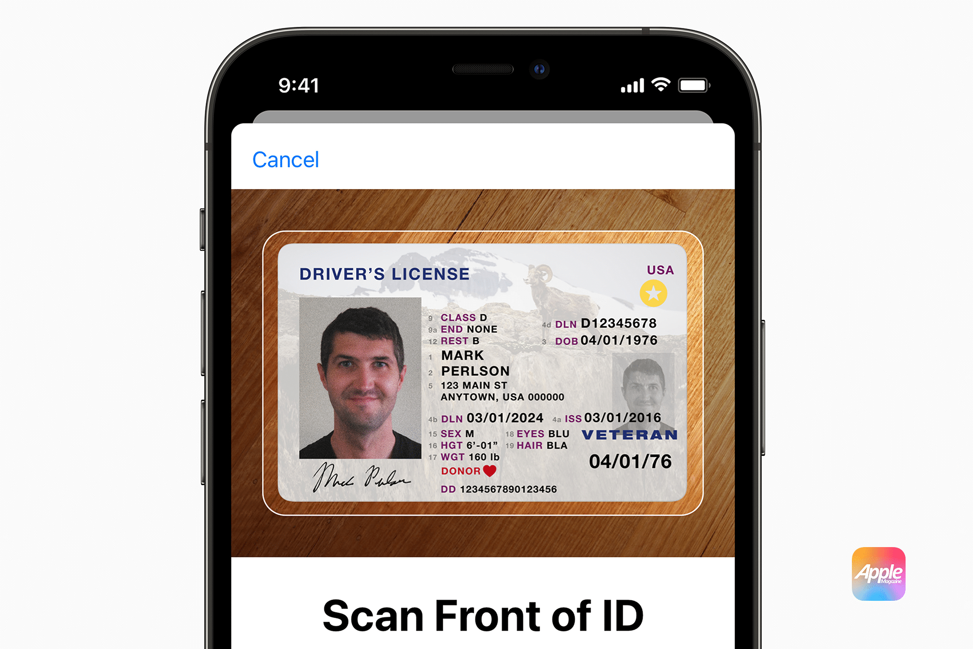 A smartphone screen showcasing a digital driver's license, featuring a photo, name, address, barcode, and personal details. In the backdrop, an Apple logo subtly highlights that it's an Apple device equipped with cutting-edge Digital IDs technology.