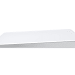 Side view of a sleek, white Magic Trackpad with a slightly angled design, set against a plain white background. A small, colorful Apple logo graces the lower right corner.