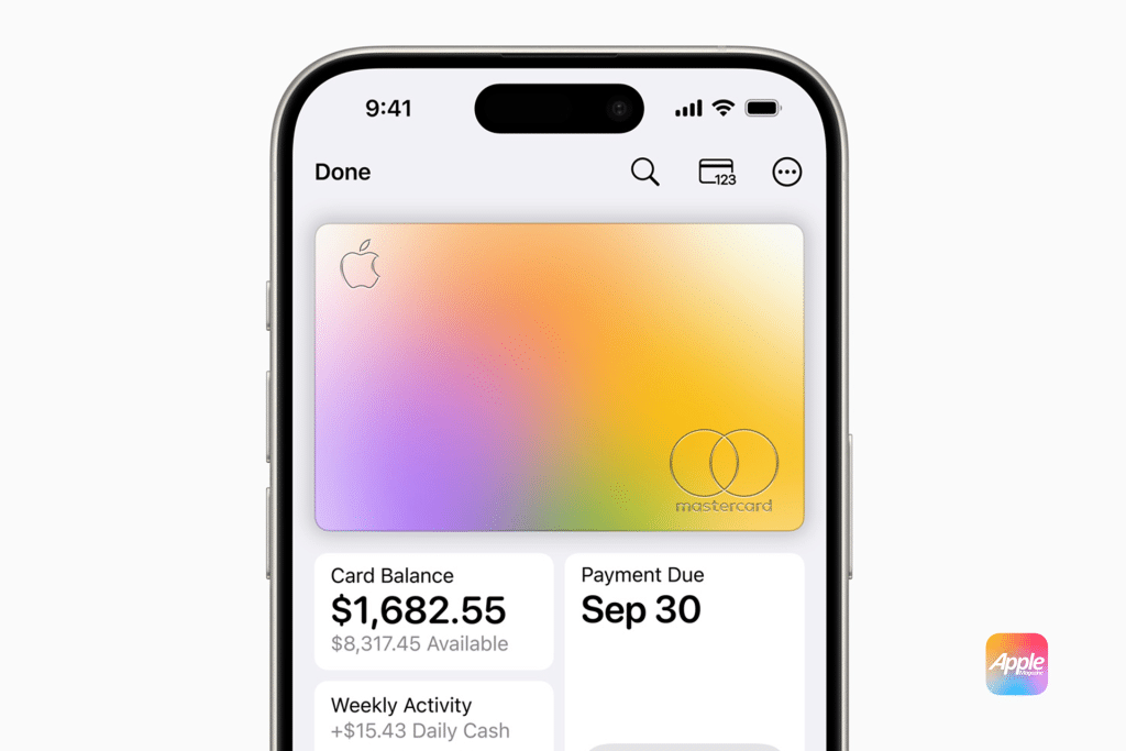 Close-up of a smartphone screen showcasing the Apple Card interface, revealing a colorful card with a balance of $1,682.55, payment due on September 30, and weekly activity summary—an insightful glimpse into the future of digital wallets.