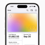 Close-up of a smartphone screen showcasing the Apple Card interface, revealing a colorful card with a balance of $1,682.55, payment due on September 30, and weekly activity summary—an insightful glimpse into the future of digital wallets.