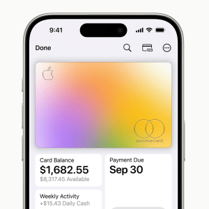 Close-up of a smartphone screen showcasing the Apple Card interface, revealing a colorful card with a balance of $1,682.55, payment due on September 30, and weekly activity summary—an insightful glimpse into the future of digital wallets.