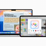 A laptop, tablet, and smartphone displaying various colorful apps and content on their screens demonstrate the seamless integration of Apple Intelligence in iOS 18.3. The Apple logo is visible at the bottom right, with the devices set against a crisp white background.