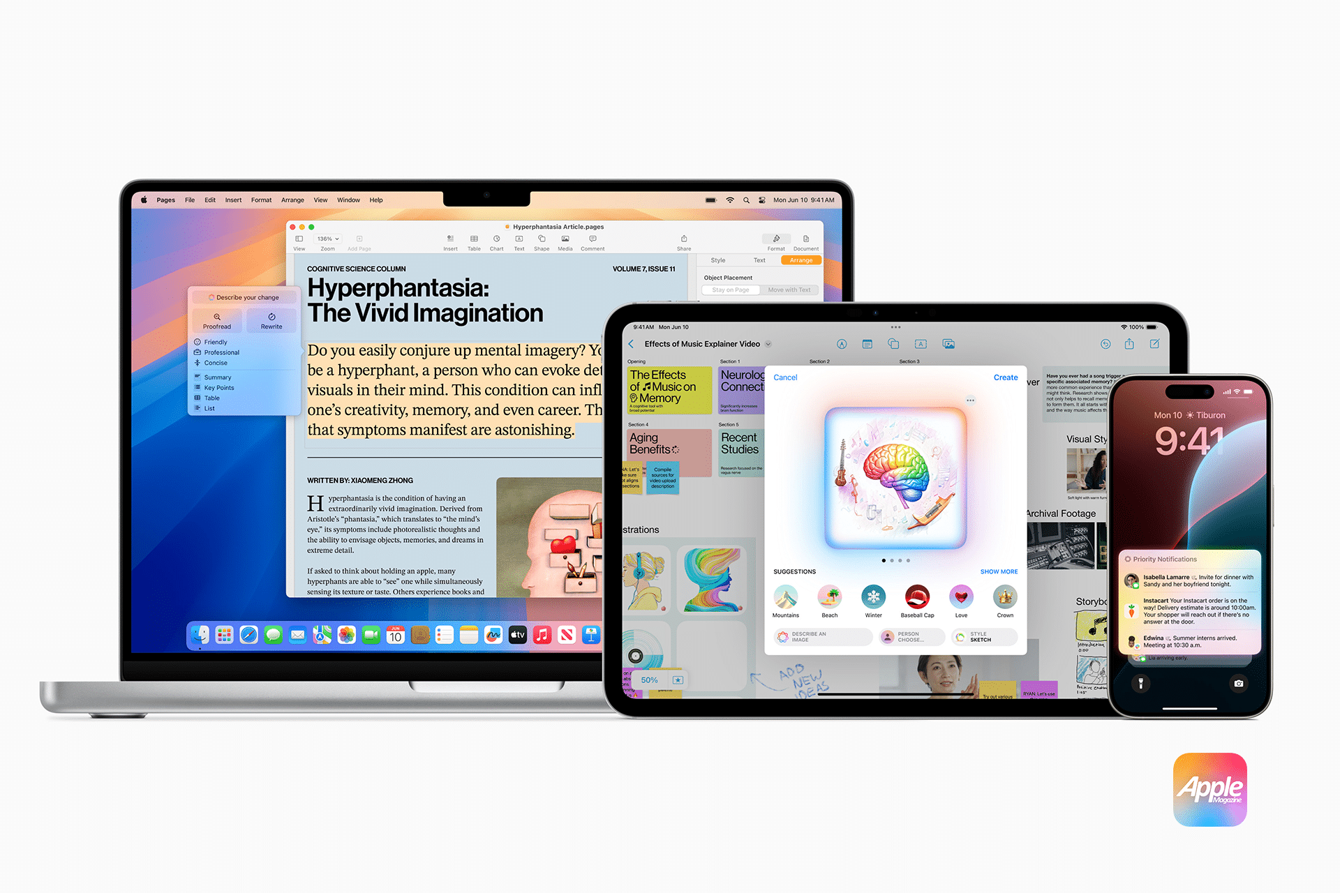 A laptop, tablet, and smartphone displaying various colorful apps and content on their screens demonstrate the seamless integration of Apple Intelligence in iOS 18.3. The Apple logo is visible at the bottom right, with the devices set against a crisp white background.