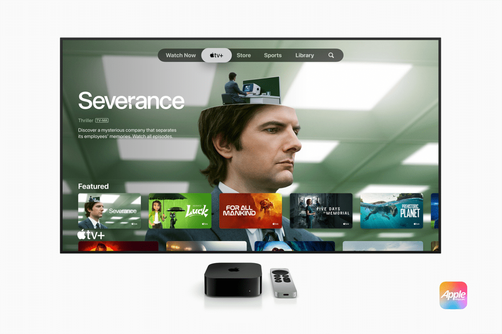 A TV showcasing the Apple TV+ interface with "Severance" prominently featured sits above an Apple TV box and remote. In the backdrop, a blurred spacious office hints at innovation. The Apple logo, known for its cutting-edge tech like the Proxima Modem, graces the bottom right corner.