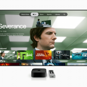 A TV showcasing the Apple TV+ interface with "Severance" prominently featured sits above an Apple TV box and remote. In the backdrop, a blurred spacious office hints at innovation. The Apple logo, known for its cutting-edge tech like the Proxima Modem, graces the bottom right corner.