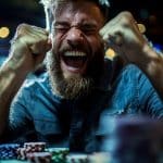 A bearded man in a denim shirt cheers enthusiastically with clenched fists at a poker table. Colorful poker chips are stacked in front of him. The background is blurred with warm, ambient lighting.