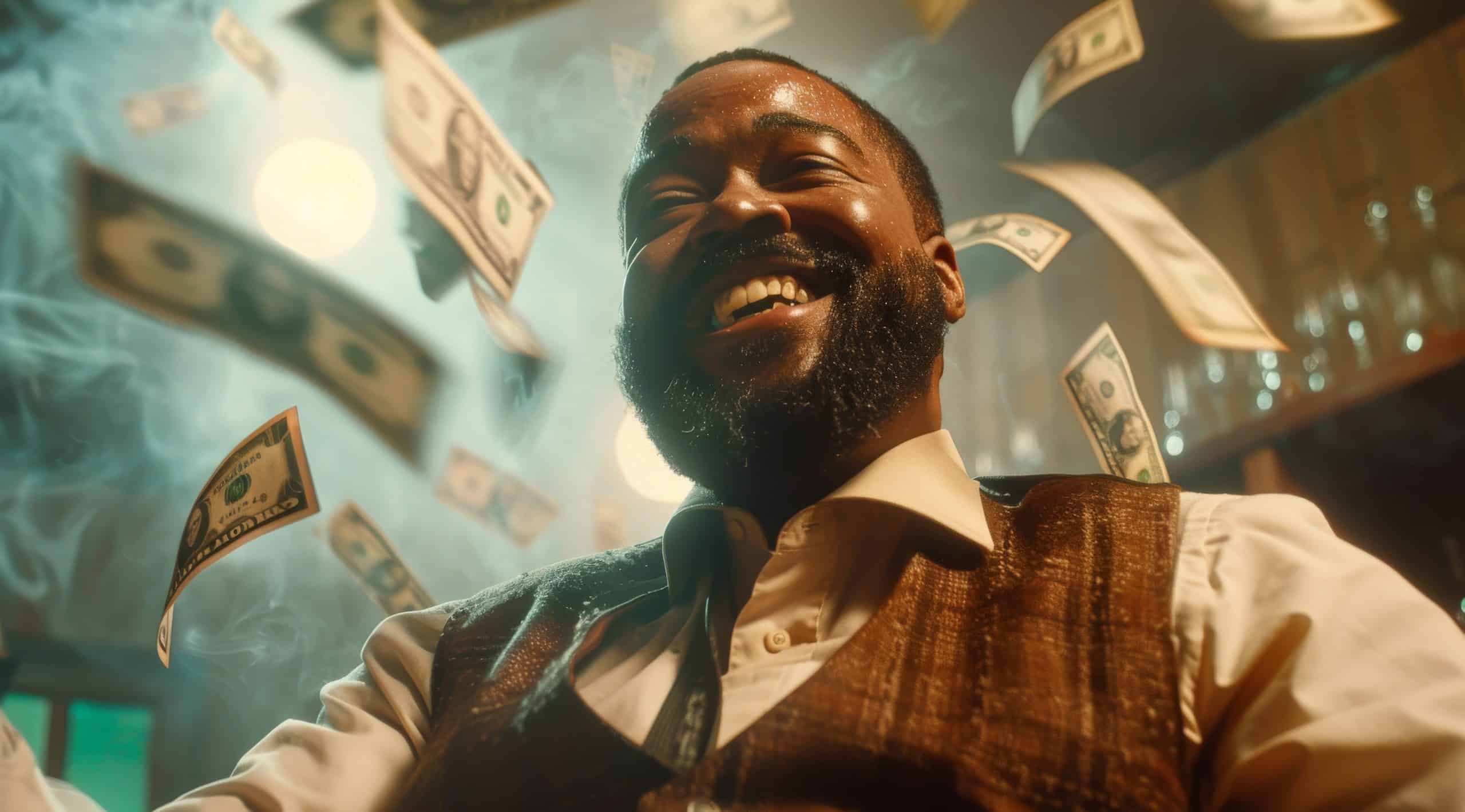 A joyful man with a beard and short hair is smiling broadly while seated, surrounded by floating dollar bills. He is wearing a white shirt and brown vest. The background is dimly lit, creating a warm and lively atmosphere.