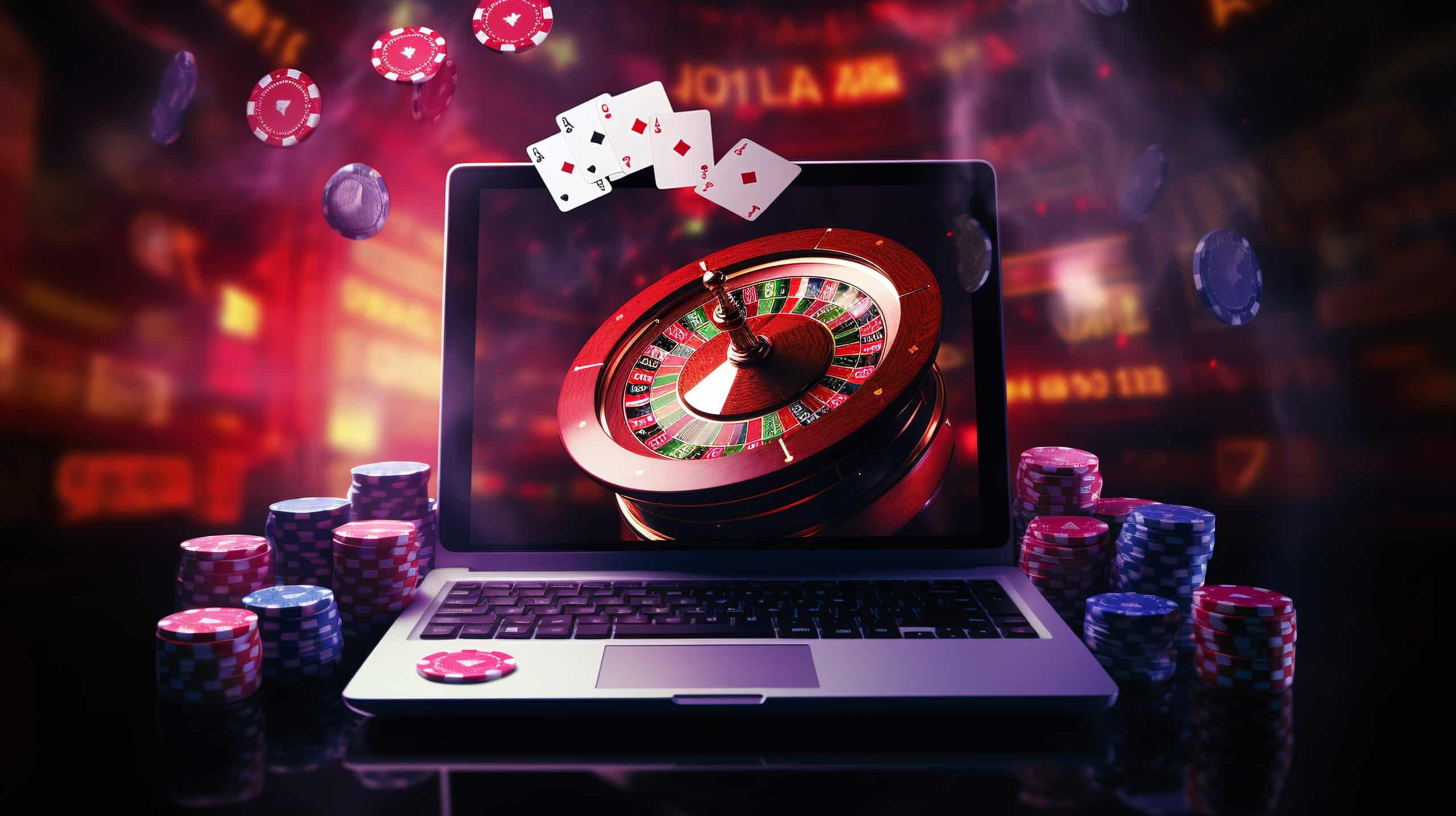 A laptop displays a roulette wheel on its screen. Poker chips and playing cards are scattered around the laptop, with some cards appearing to float above the screen. The background features colorful, blurred casino lights.