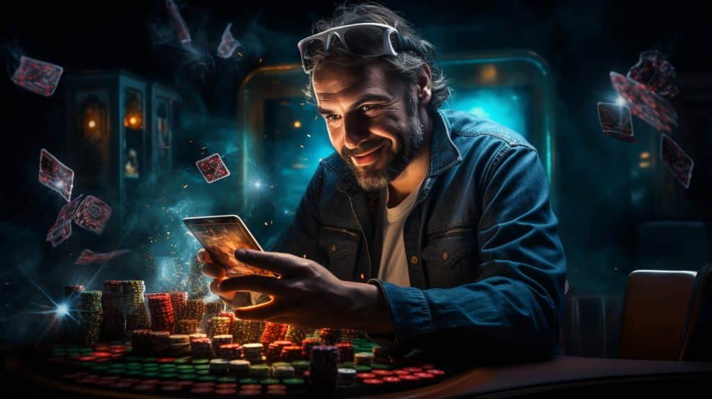 A bearded man in a denim jacket and sunglasses holds a smartphone, smiling confidently. Poker chips and playing cards float around him in a dimly lit casino, creating a dynamic and intense atmosphere.