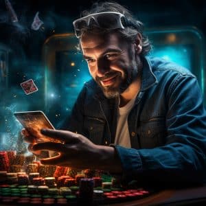 A bearded man in a denim jacket and sunglasses holds a smartphone, smiling confidently. Poker chips and playing cards float around him in a dimly lit casino, creating a dynamic and intense atmosphere.