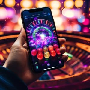 A person holds a smartphone displaying a vibrant, colorful casino game with a roulette wheel and various bright gemstones. The background shows blurred, glowing lights, creating a lively and energetic atmosphere.