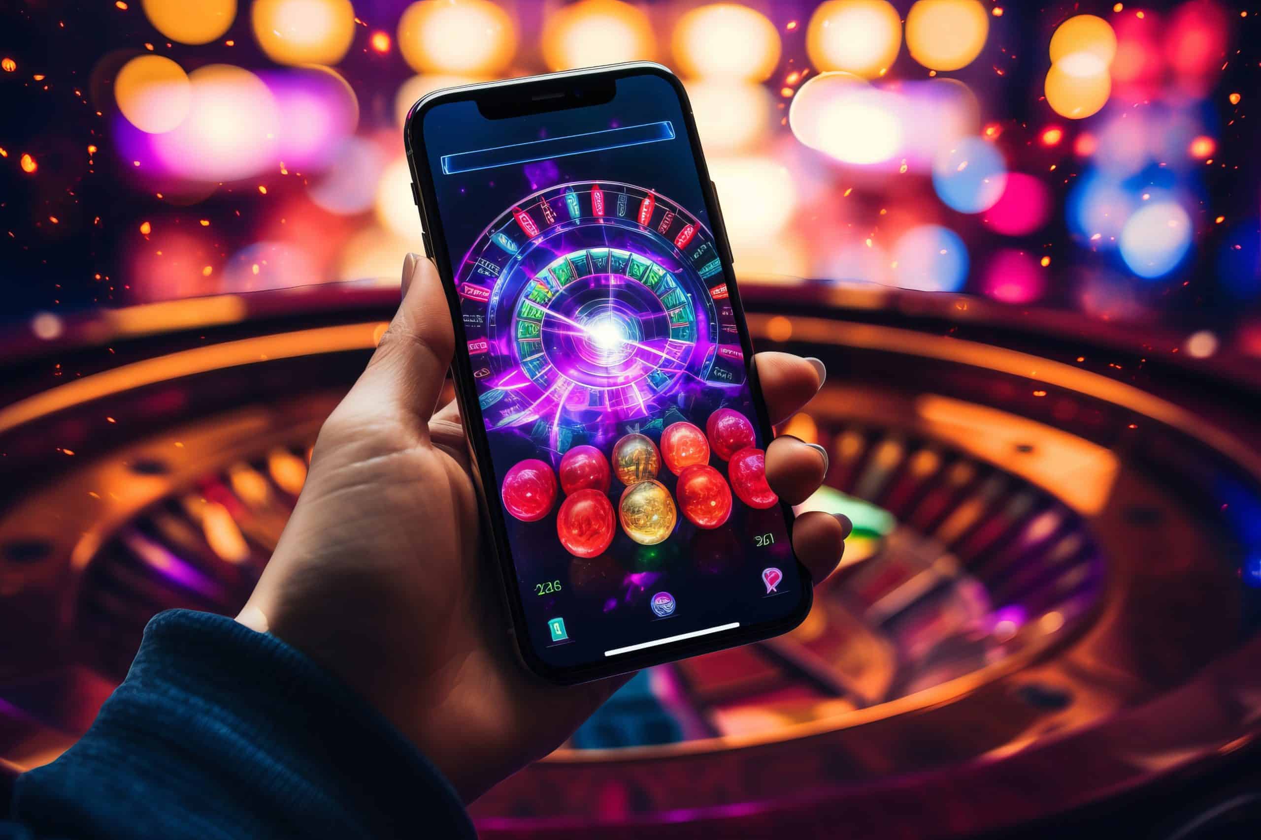 A person holds a smartphone displaying a vibrant, colorful casino game with a roulette wheel and various bright gemstones. The background shows blurred, glowing lights, creating a lively and energetic atmosphere.