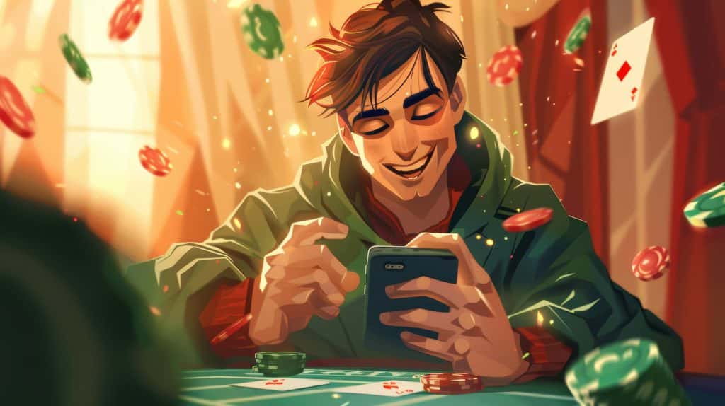 Illustration of a person with dark hair, wearing a green hoodie, smiling while looking at a smartphone. They sit at a table with poker chips and cards flying around, in a warm, glowing room.