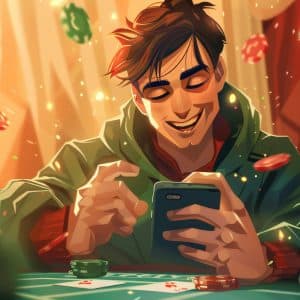 Illustration of a person with dark hair, wearing a green hoodie, smiling while looking at a smartphone. They sit at a table with poker chips and cards flying around, in a warm, glowing room.