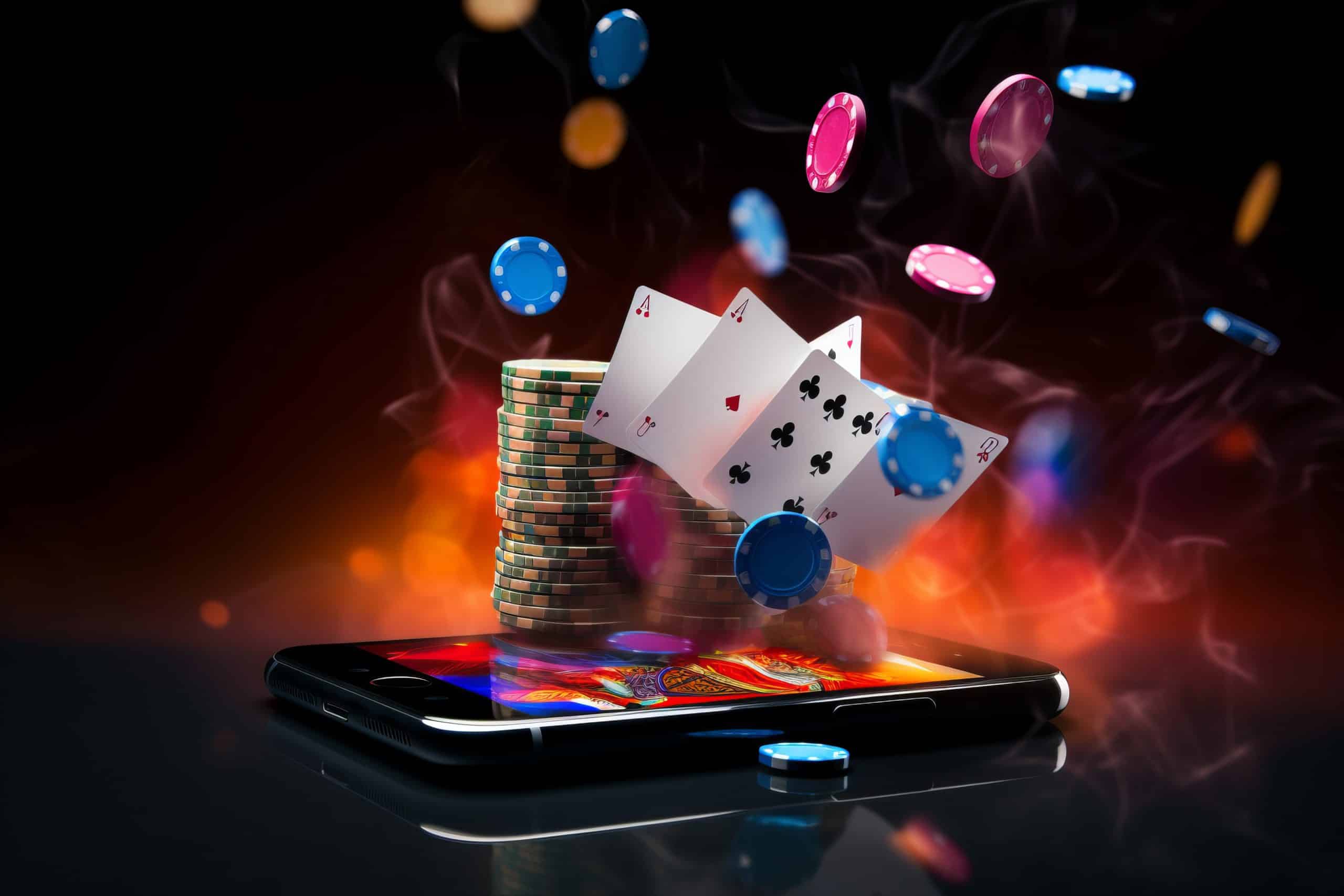 A smartphone displays a poker game, surrounded by flying poker chips and playing cards, including four aces. Stacks of chips stand on the phone, against a fiery, blurred background.