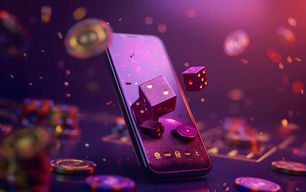 A smartphone surrounded by floating dice and poker chips, set against a purple and pink glowing background. The phone screen displays three dice with golden dots. The scene conveys a sense of digital gambling or gaming.