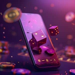 A smartphone surrounded by floating dice and poker chips, set against a purple and pink glowing background. The phone screen displays three dice with golden dots. The scene conveys a sense of digital gambling or gaming.