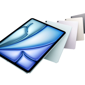 Four iPad Air Refresh tablets with the new M4 Chip in blue, pink, silver, and gray are displayed in a cascading arrangement. The front tablet showcases a blue abstract design on the screen. An Apple logo graces the bottom right corner, enhancing their sleek modern appeal.